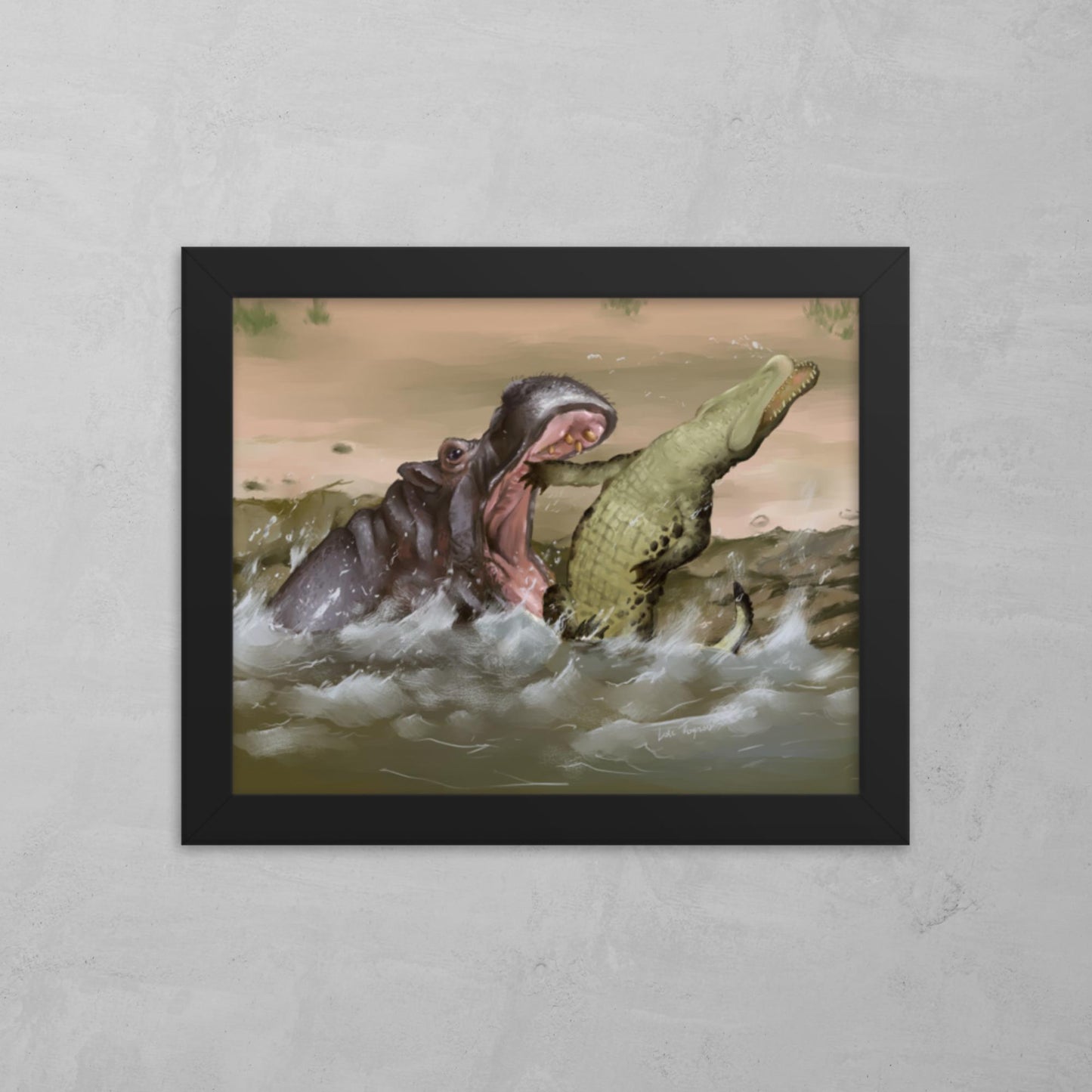 Digital oil painting of Hippo attacking crocodile river in waters of Africa